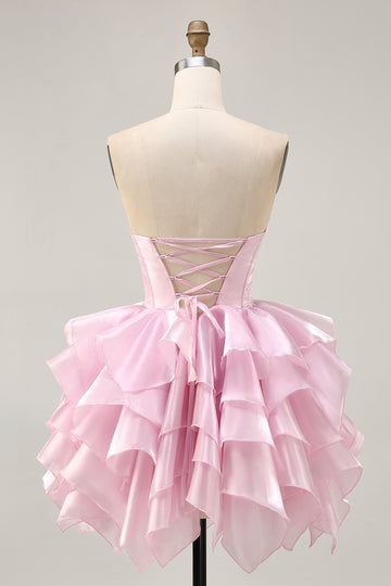 Strapless Corset Tiered A Line Pink Homecoming Dress with Lace Up Back